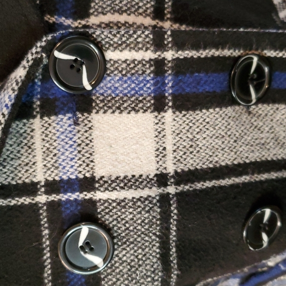 Retro 70's Pea Coat Coat Plaid Blue/Black Pockets Hood Wool Blend - Picture 2 of 11